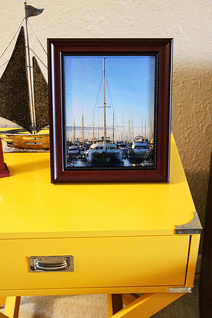 Sailboats in Mahgony Frame Close Up