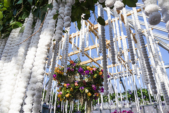 Orchid Bouquet Hanging w White PomPoms